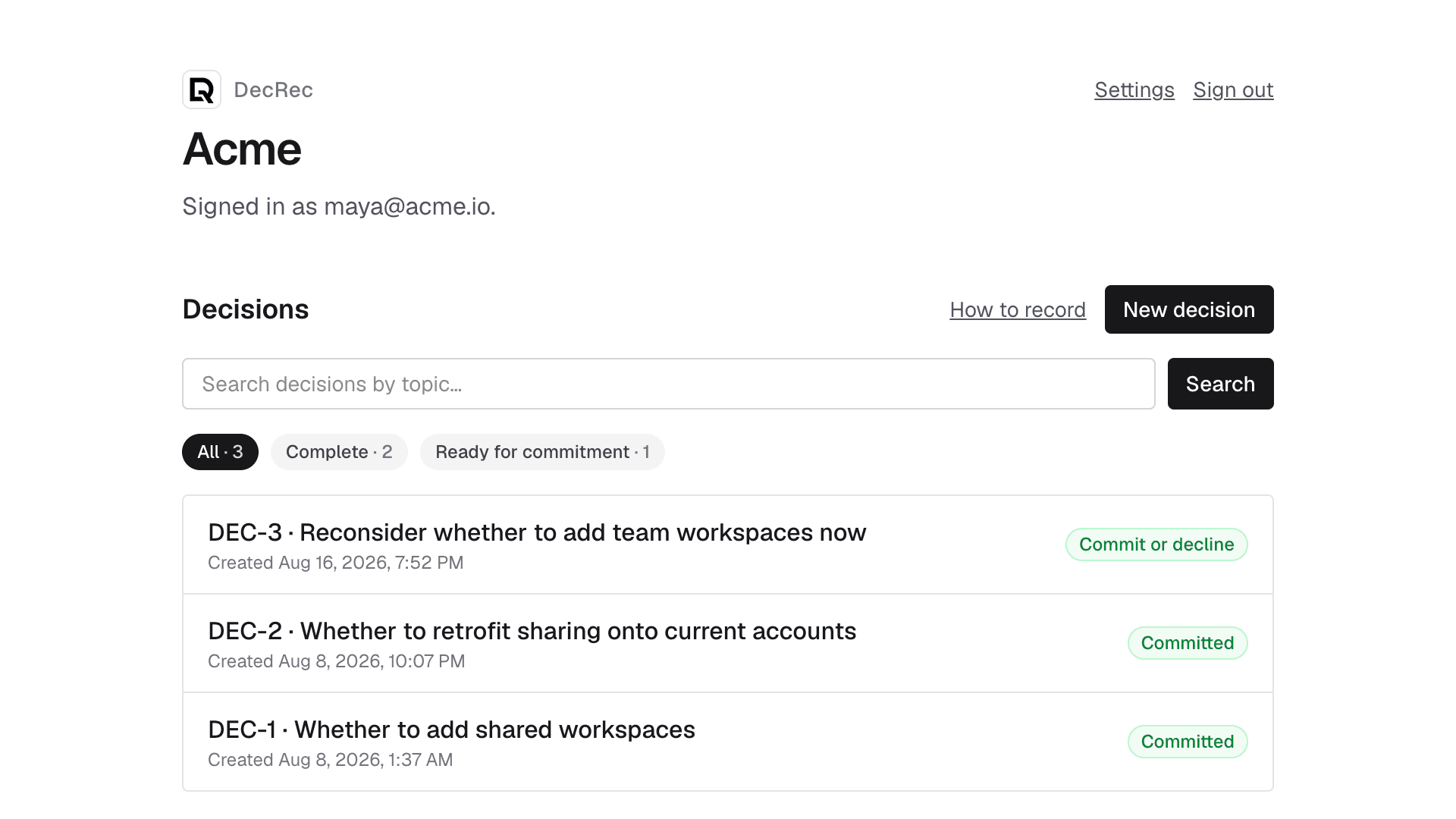 DecRec inbox — a living set of decision records